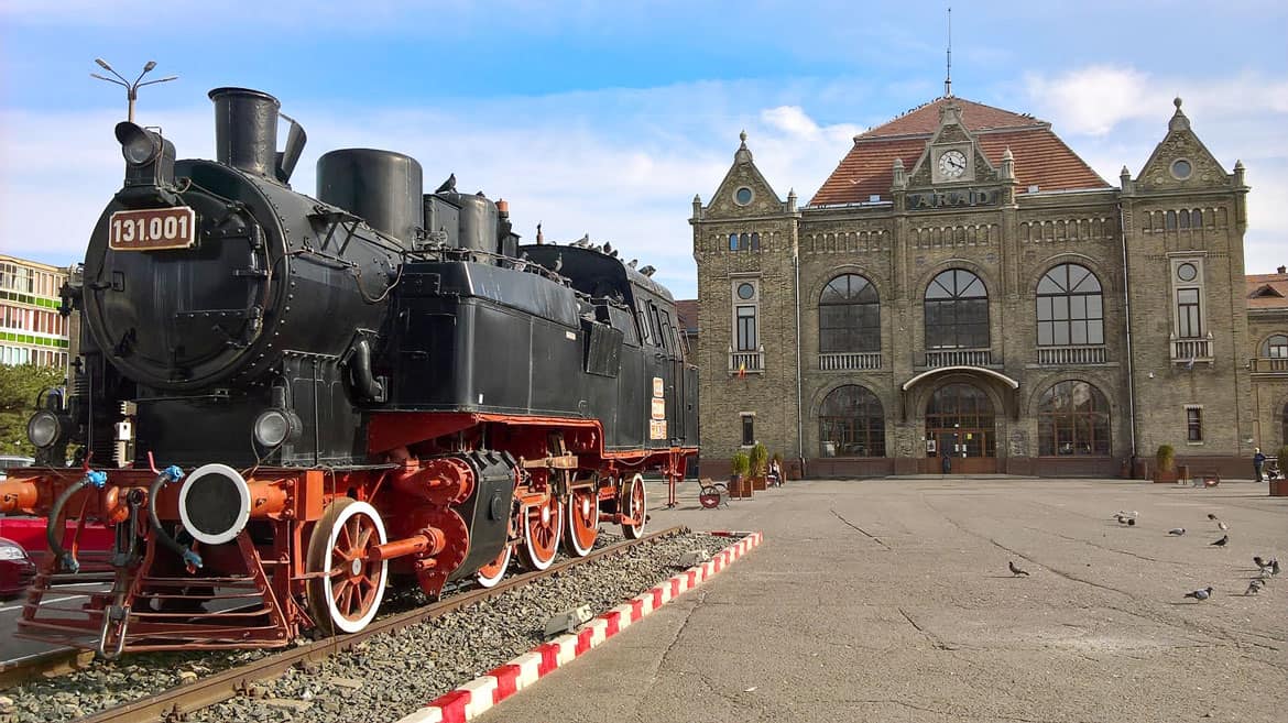 A locomotive outside the front of Arad railway station in western Romania. 