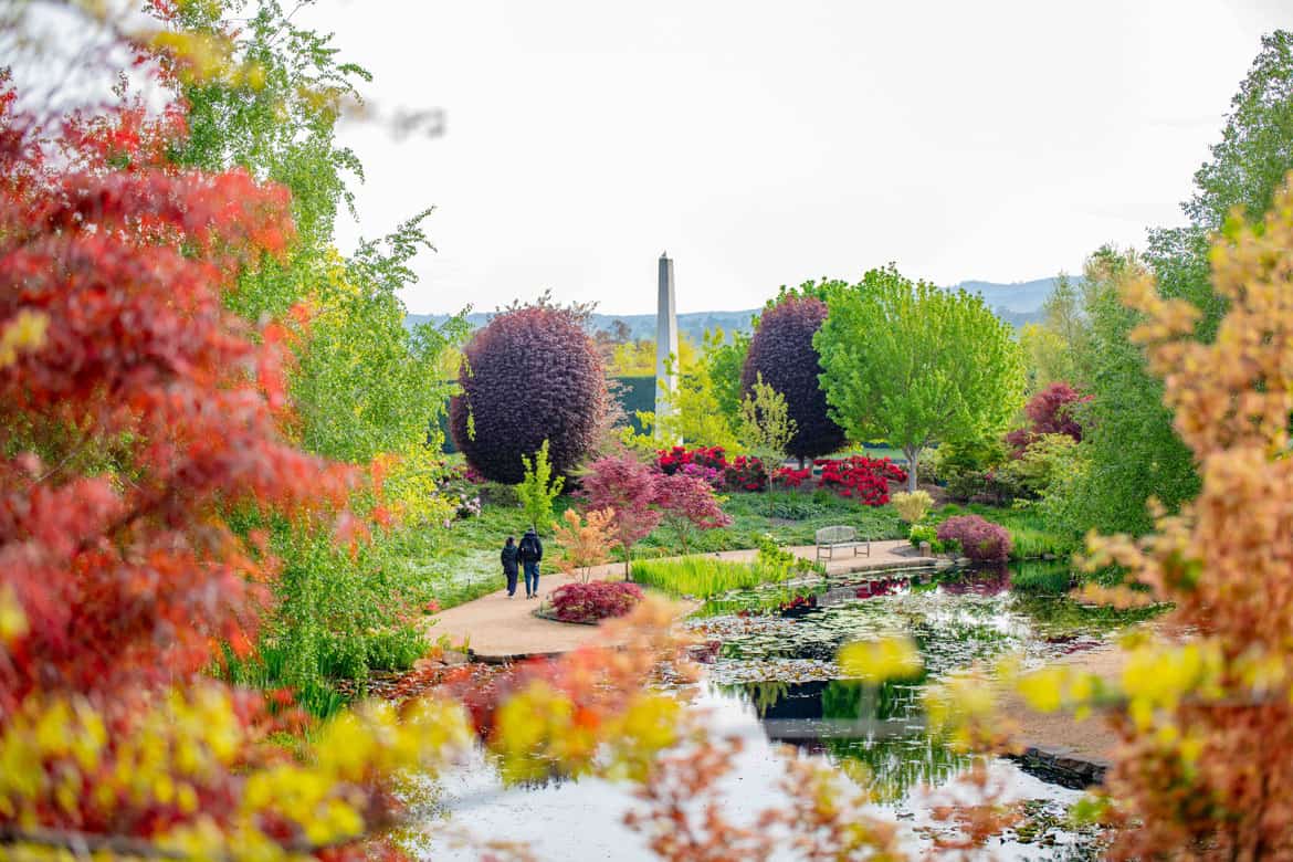 The obelisk and ponds at Mayfield Garden in NSW.